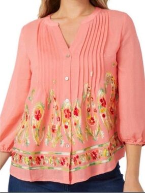 Figueroa & Flower Coral Pink Floral Embroidered Button Down Boho Blouse Petite L